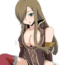  blue_eyes blush breasts brown_arm_warmers brown_hair cleavage female hair_over_one_eye large_breasts long_hair looking_at_viewer medium_breasts sima simple_background solo tales_of_(series) tales_of_the_abyss tear_grants thighhighs white_background 