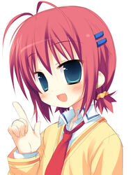  :d antenna_hair aqua_eyes blush bra-ban! cardigan commentary_request ebihara_minase female full_body hair_ornament hair_scrunchie hairclip index_finger_raised meito_(maze) necktie oerba_yun_fang open_mouth photoshop_(medium) red_hair school_uniform scrunchie short_hair short_ponytail smile solo 