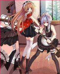  2boys antenna_hair apron blush cherry_girls crossdressing imageboard_desourced long_hair maid male_focus male_maid miniskirt multiple_boys nao_(otosuki) non-web_source otoko_no_ko otoko_no_ko_wa_meido_fuku_ga_osuki!? short_hair skirt thighhighs white_legwear yuki_(otosuki) 