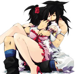  1boy bad_id bad_pixiv_id black_hair bow breasts cleavage commentary_request couple deborah_(dq5) dragon_quest dragon_quest_v dress feather_boa female flower frills hidaka_ryou high_heels highres holding hug jewelry kissing large_breasts ornate_ring photoshop_(medium) pinching ring rose shoes straight wedding_ring wristband 