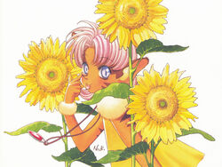  1990s_(style) animal_ears cat_girl female flower gem highres jewelry merle_(tenkuu_no_escaflowne) necklace pendant photoshop_(medium) pink_hair red_gemstone retro_artstyle solo sunflower tenkuu_no_escaflowne white_background yellow_flower yuuki_nobuteru 