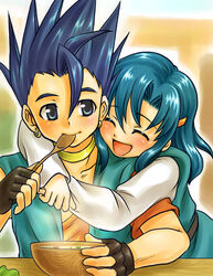  1boy blue_hair blush bowl brother_and_sister commentary_request demerin dragon_quest dragon_quest_vi eating female fingerless_gloves food gloves hero_(dq6) holding holding_spoon hug siblings soup spoon tania_(dq6) 