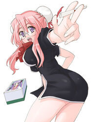  ass black_dress bun_cover china_dress chinese_clothes cosplay double_bun dress eunos female foreshortening glasses hair_bun hands hiiragi_kagami holding_tenbou long_hair lucky_star mahjong mahjong_tile open_mouth photoshop_(medium) pink_hair purple_eyes purple_hair quiz_magic_academy school_uniform serafuku solo takara_miyuki tenbou twintails 