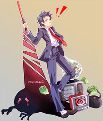  ! !! 1boy adachi_tooru bad_id bad_pixiv_id cabbage food loafers male_focus pants persona persona_4 shoes solo spoilers su_(pixiv44447) television traffic_baton traffic_officer vegetable 