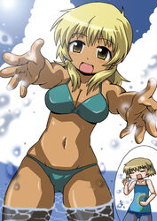  2girls :d bikini bikini_tan blonde_hair blue_one-piece_swimsuit blush breasts brown_hair cleavage closed_eyes cloud commentary_request day floral_print hidamari_sketch large_breasts midriff miyako_(hidamari_sketch) multiple_girls navel ocean one-piece_swimsuit open_mouth outstretched_arms poinikusu reaching smile splashing swimsuit tan tanlines wading yellow_eyes yuno_(hidamari_sketch) 