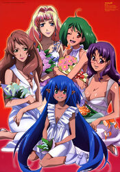  5girls ;d absurdres age_difference ahoge ankle_boots bare_shoulders blonde_hair blue_eyes blue_hair blush boots bouquet bow breasts brown_hair buckle catherine_glass cleavage crossed_arms dark-skinned_female dark_skin dress earrings flat_chest flower glasses gradient_background green_eyes green_hair grin hair_down hair_intakes halterneck high_heel_boots high_heels highres holding jewelry klan_klein kneeling large_breasts light_smile lipstick lolicon long_hair looking_at_viewer macross macross_frontier makeup matsuura_nanase meltrandi mole mole_under_mouth multiple_girls no_bra oerba_yun_fang official_art one_eye_closed open_mouth outline parted_bangs pink_lips pointy_ears purple_eyes purple_flower purple_hair purple_lips purple_rose ranka_lee red-framed_eyewear red_background red_eyes ribbon rimless_eyewear rose scan sheryl_nome shoes short_dress short_hair sitting sleeveless sleeveless_dress smile thick_eyebrows tsukahara_hajime very_long_hair wariza white_dress white_footwear 