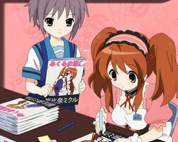  2girls asahina_mikuru blue_sailor_collar brown_eyes brown_hair imageboard_desourced jpeg_artifacts kita_high_school_uniform long_hair magazine_(object) magazine_stack multiple_girls nagato_yuki non-web_source official_alternate_costume official_alternate_hairstyle purple_hair sailor_collar school_uniform serafuku short_hair signing stack summer_uniform suzumiya_haruhi_no_yuuutsu twintails waitress 