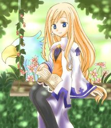  alouette_(la_pucelle) artist_request bird blonde_hair blue_eyes dress female flower la_pucelle long_hair lowres pantyhose solo swing very_long_hair 