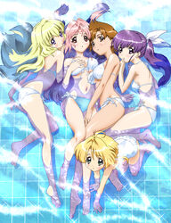  5girls absurdres adjusting_clothes adjusting_swimsuit ahoge all_fours ass barefoot bikini blonde_hair blush breasts brown_eyes brown_hair covered_nipples feet frills from_above front-tie_bikini_top front-tie_top fukuyama_lisa girls_bravo green_eyes hair_intakes hair_ribbon halterneck highres kojima_kirie koyomi_hare_nanaka long_hair looking_at_viewer lying makino_ryuuichi medium_breasts miharu_sena_kanaka multiple_girls navel on_back on_side parted_lips partially_submerged photoshop_(medium) pink_eyes pink_hair ponytail purple_eyes purple_hair ribbon shallow_water short_hair side-tie_bikini_bottom sparkle swimsuit tomoka_lana_jude underboob water wet 