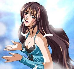  arm_warmers bare_shoulders blue_arm_warmers blue_dress blush breasts brown_eyes brown_hair cleavage closed_mouth collarbone dress feathers female final_fantasy final_fantasy_viii gradient_background head_tilt long_hair looking_at_viewer lowres medium_breasts pink_lips rinoa_heartilly shiny_skin sigeo2000 signature sleeveless sleeveless_dress sleeveless_duster solo very_long_hair 