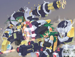  2girls armor battle blood bullet commentary_request diana_(shinrabanshou) earrings glowing glowing_eyes green_eyes green_hair gun jewelry long_hair mecha multiple_girls pygmalion robot shigehiro_(hiroi_heya) shinrabanshou siblings sisters smoke smoking_barrel sweat twintails weapon yellow_eyes 