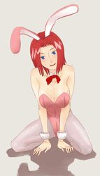  animal_ears blue_eyes breasts cleavage code_geass female full_body hachimitsuboi kneeling kouzuki_kallen large_breasts leotard looking_at_viewer open_mouth pantyhose pink_hair pink_leotard playboy_bunny rabbit_ears red_hair short_hair solo 