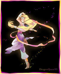  black_background blonde_hair bracelet circlet closed_eyes commentary_request copyright_name dancing dragon_quest dragon_quest_vi dress female jewelry long_hair low-tied_long_hair lowres mireyu painttool_sai_(medium) ribbon solo urita 