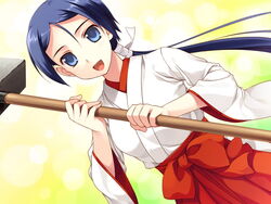  amakura blue_eyes blue_hair dutch_angle female game_cg hakama hakama_skirt imageboard_desourced japanese_clothes long_hair miko mizuhara_honami non-web_source ponytail rake red_hakama skirt solo toppara 