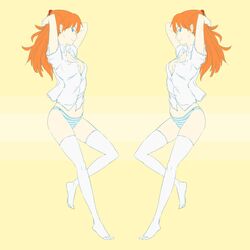  blue_eyes female hachimitsuboi legs neon_genesis_evangelion orange_hair panties souryuu_asuka_langley striped_clothes striped_panties thighhighs underwear 