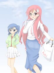  2girls blue_eyes blue_hair glasses kuroinu_(sonoba_shinogi) long_hair lucky_star miyakawa-ke_no_kuufuku miyakawa_hikage miyakawa_hinata multiple_girls pink_eyes pink_hair short_hair siblings side_ponytail sisters 