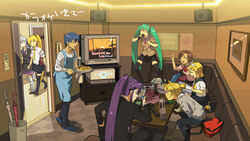  3boys 5girls akita_neru aqua_hair bad_id bad_pixiv_id brother_and_sister corded_phone cup drinking drinking_glass food hatsune_miku highres holding holding_food holding_pizza indoors kagamine_len kagamine_rin kaito_(vocaloid) kamui_gakupo karaoke legs_apart long_hair meiko_(vocaloid) microphone miku_miku_ni_shite_ageru_(vocaloid) multiple_boys multiple_girls music okaasan_to_issho phone photoshop_(medium) pizza room school_uniform siblings singing spoo spread_legs table television twins umbrella urayama_(yoneyaman) very_long_hair vocaloid yowane_haku 