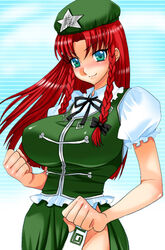  bad_id bad_pixiv_id braid breasts china_dress chinese_clothes commentary_request dress female hat hong_meiling huge_breasts long_hair red_hair ribbon side_braid solo tooru_jin touhou twin_braids 