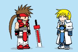  !? 2boys animated animated chibi eighth_note fireseal guilty_gear imitating ky_kiske lowres male_focus multiple_boys musical_note sol_badguy speech_bubble spoken_musical_note sweatdrop sword tabard weapon 