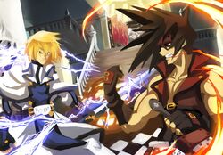  2boys blonde_hair brown_hair commentary_request fireseal guilty_gear kishibe ky_kiske male_focus multiple_boys red_eyes sol_badguy sword tabard thunderseal weapon 