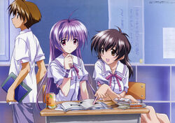  1boy 2girls absurdres animaga asaba_naoyuki book brown_eyes brown_hair classroom desk drink food highres imageboard_desourced indoors iriya_kana iriya_no_sora_ufo_no_natsu kurashima_tomoyasu long_hair multiple_girls non-web_source official_art pocky purple_hair red_eyes ribbon scan school_desk school_uniform serafuku short_hair sudou_akiho 