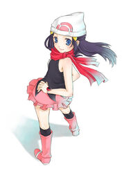  bad_id bad_pixiv_id beanie blue_eyes blue_hair boots commentary dawn_(pokemon) female full_body hat long_hair looking_back looking_up pink_footwear pokemon red_scarf scarf simple_background skirt solo ssscheme standing white_background 