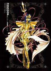  1boy armor blue_eyes blue_hair full_armor future_studio_(artist) gold gold_armor highres male_focus polearm poseidon_(saint_seiya) ribbon saint_seiya solo trident weapon 