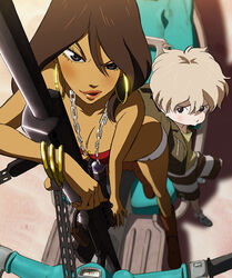  2girls artist_request brown_hair chains dark-skinned_female dark_skin earrings gun hatchin_morenos hoop_earrings jewelry lipstick makeup michiko_malandro michiko_to_hacchin motor_vehicle multiple_girls official_art rifle scan scooter uneven_eyes weapon 