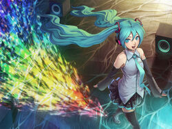  aqua_eyes aqua_hair beamed_eighth_notes beamed_sixteenth_notes commentary_request detached_sleeves eighth_note female floating_hair gradient half_note hatsune_miku headphones long_hair looking_at_viewer looking_up microphone musical_note necktie open_mouth photoshop_(medium) quarter_note ripples ryuutetsu sixteenth_note sixteenth_rest skirt smile solo speaker thighhighs thirty-second_note twintails vocaloid walking water whole_note zettai_ryouiki 