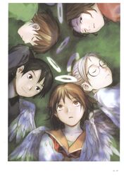  5girls abe_yoshitoshi angel angel_wings black_eyes black_hair brown_eyes brown_hair closed_eyes feathered_wings glasses haibane_renmei halo highres hikari_(haibane) kana_(haibane) kuu_(haibane) multiple_girls nemu_(haibane) non-web_source official_art orange_sailor_collar rakka_(haibane) sailor_collar school_uniform sleeping traditional_halo wings 