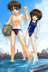  1boy bad_id bad_pixiv_id barefoot brown_eyes brown_hair cardcaptor_sakura destruction feet female fire giant giantess green_eyes kinomoto_sakura li_syaoran male_swimwear oil_refinery oil_tanker one-piece_swimsuit outdoors school_swimsuit ship short_hair soles splashing swim_briefs swimsuit tanker_(ship) toes torajimaneko wading water watercraft 