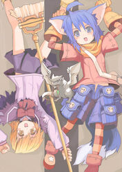  2girls ahoge animal_ears blonde_hair blue_eyes blue_hair blush bow broom commentary_request dragon gloves jewelry minis mouth_hold multiple_girls necklace no_panties open_fly pendant rudorufu scarf short_hair shorts skirt skull star_(symbol) striped summon_night summon_night_2 tail unzipped yellow_eyes yuel 