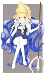  blonde_hair blush capcom_fighting_jam colored_eyelashes commentary_request crossed_legs female genderswap_(mtf) hat helm helmet long_hair midnight_bliss mollusc_shell name_tag nool one-piece_swimsuit oza_watto polearm red_eyes rule_63 school_swimsuit shell sitting solo swimsuit tentacle thighhighs trident warzard weapon white_thighhighs 