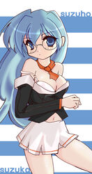  bad_id bad_pixiv_id blue_eyes blue_hair bra breasts female glasses hasegawa_suzuho kusano_gurima large_breasts lingerie magician&#039;s_academy navel necktie photoshop_(medium) school_uniform solo underwear undressing 