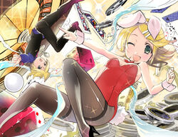  1boy animal_ears bad_id bad_pixiv_id brother_and_sister commentary_request female high_heels kagamine_len kagamine_rin pantyhose playboy_bunny rabbit_ears shoes siblings tamago_kakeouji twins vocaloid waiter 