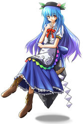  bad_feet blue_hair commentary_request female floating floating_object food fruit hand_on_own_face hat highres hinanawi_tenshi keystone long_hair peach ribbon rope shimenawa shirosa simple_background sitting sitting_on_object smile solo touhou 