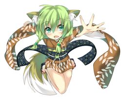  animal_ears commentary_request female fox_ears green_eyes green_hair japanese_clothes jumping kimono original saitou_kon sandals shingetsu_takehito short_kimono solo tail 