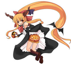  bloomers boots commentary_request female halloween horns ibuki_suika jack-o&#039;-lantern long_hair low-tied_long_hair mizukiryan orange_bloomers orange_hair pumpkin pumpkin_panties red_eyes ribbon solo touhou underwear white_background 