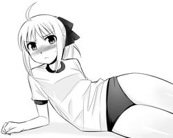  alternate_costume artoria_pendragon_(fate) blush buruma fate/stay_night fate/unlimited_codes fate_(series) female greyscale gym_uniform monochrome saber_lily solo sugar_(sugarless) 