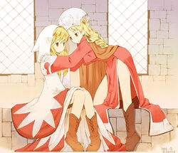  2girls b.tarou blonde_hair boots braid brown_eyes cape couple final_fantasy final_fantasy_tactics hat long_hair multiple_girls orator_(fft) photoshop_(medium) robe sitting white_mage_(fft) white_mage_(final_fantasy) yuri 