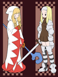  2girls armor b.tarou black_eyes blonde_hair boots closed_eyes final_fantasy final_fantasy_tactics gauntlets gloves headband long_hair multiple_girls photoshop_(medium) robe squire_(fft) staff sword thighhighs weapon white_mage_(fft) white_mage_(final_fantasy) zettai_ryouiki 