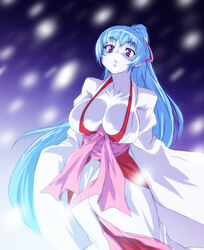  aoi_(gegege_no_kitarou) blue_hair breasts commentary_request female gegege_no_kitarou huge_breasts japanese_clothes long_hair nekomamire pale_skin photoshop_(medium) ponytail purple_eyes solo 