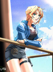  aya_brea blonde_hair female green_eyes jacket miniskirt parasite_eve parasite_eve_ii pencil_skirt railing short_hair sigeo2000 skirt solo thigh_strap zipper 