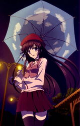  absurdres black_hair female hat highres imageboard_desourced koga_makoto lamppost long_hair night night_sky non-web_source purple_eyes ribbon shihou_matsuri sky sky_print sola solo star_(sky) starry_sky thighhighs umbrella very_long_hair 