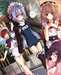  4boys :d antenna_hair arm_up blue_eyes blue_hair blush brown_hair cherry_girls closed_eyes crossdressing glasses kasukabe_akira maid male_focus multiple_boys nao_(otosuki) navel neckerchief one-piece_swimsuit open_mouth otoko_no_ko otoko_no_ko_wa_meido_fuku_ga_osuki!? red_eyes red_hair rio_(otosuki) school_swimsuit school_uniform serafuku serasuku smile swimsuit thighhighs tomo_(otosuki) yuki_(otosuki) 