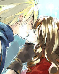  1boy aerith_gainsborough bad_id bad_pixiv_id blonde_hair brown_hair cloud_strife couple female final_fantasy final_fantasy_vii gloves hidaka_ryou kissing photoshop_(medium) straight tears 