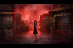  black_hair city commentary_request female horror_(theme) kajiro_miyako letterboxed night photoshop_(medium) red_theme siren_(series) siren_1 solo tako_(pixiv8535) water 