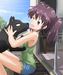  animal_collar animal_hands asou_natsumi bare_arms bare_legs bare_shoulders black_dog blue_shorts blue_sky blush breasts canine cloud cloudy_sky collar commentary_request d; day female from_side green_tank_top licking licking_another&#039;s_face no_bra one_eye_closed open_door open_mouth outdoors purple_eyes purple_hair red_hair sanpaku short_hair short_shorts short_twintails shorts sideboob sitting sketchbook_full_colors sky sleeveless small_breasts solo tanada-bon tank_top twintails 