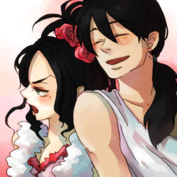  1boy bad_id bad_pixiv_id black_hair blush couple deborah_(dq5) dragon_quest dragon_quest_v female flower frills hair_flower hair_ornament hero_(dq5) hidaka_ryou mole mole_under_eye photoshop_(medium) ponytail rose straight tsundere 