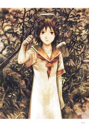  abe_yoshitoshi angel angel_wings artbook brown_eyes brown_hair feathered_wings female haibane_renmei halo highres orange_sailor_collar rakka_(haibane) sailor_collar school_uniform solo static_cling traditional_halo wings 